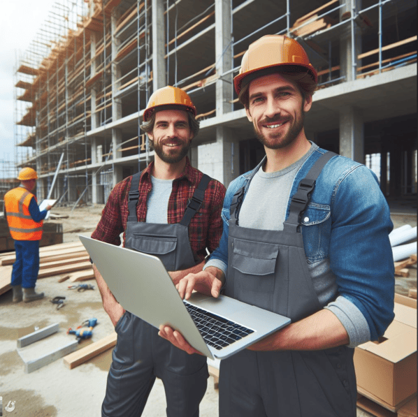 Artisan utilisant un logiciel informatique pour optimiser une construction